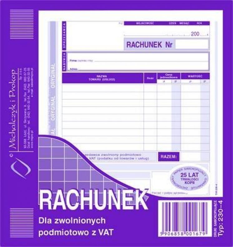 Rachunek dla zwolnionych podmiotowo z vat MICHALCZYK I PROKOP 2/3 A5 (o+1k)