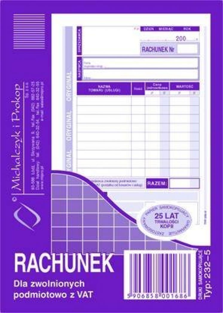 Rachunek dla zwolnionych podmiotowo z vat MICHALCZYK I PROKOP A6 pion (o+1k)