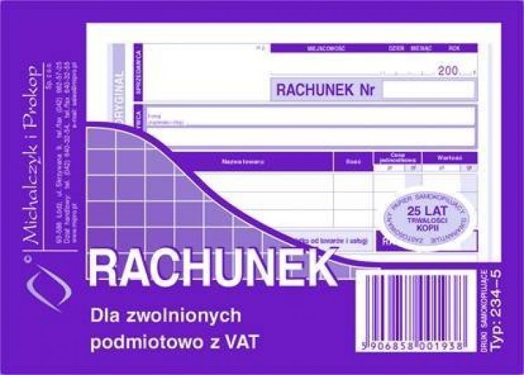 Rachunek dla zwolnionych podmiotowo z vat MICHALCZYK I PROKOP A6 (o+1k)