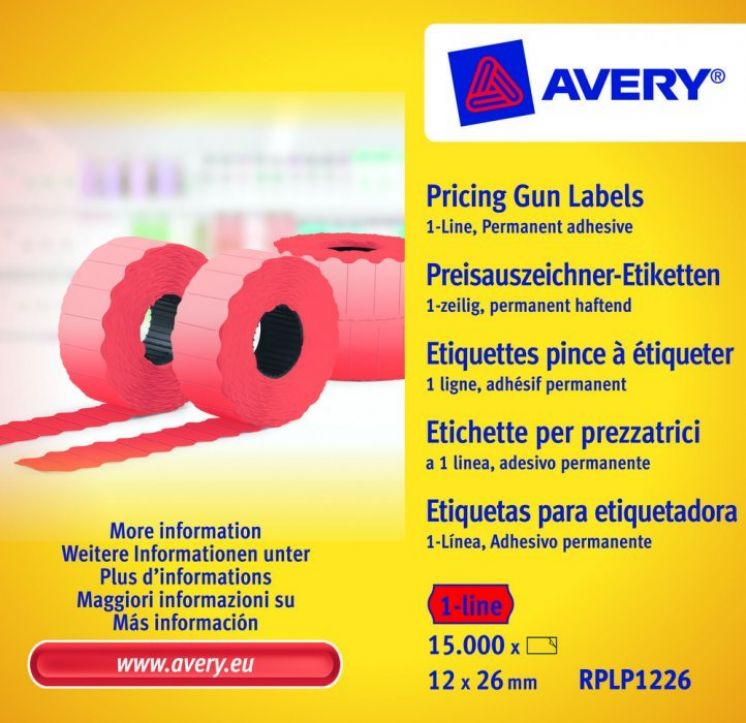 Etykiety cenowe w rolce do metkownicy jednorzędowej; trwałe; 1500 etykiet; 10 rolek 12 x 26 mm, czerwone AVERY
