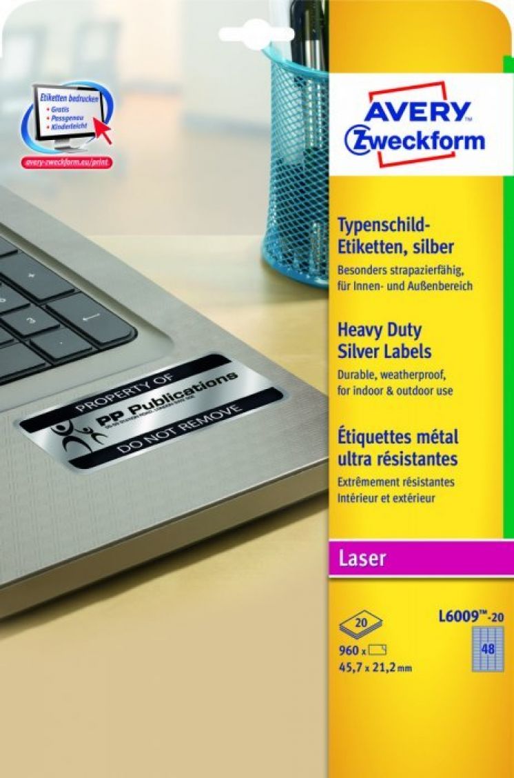 Etykiety znamionowe AVERY ZWECKFORM A4, 20 ark./op., 45,7x21,2mm, srebrne