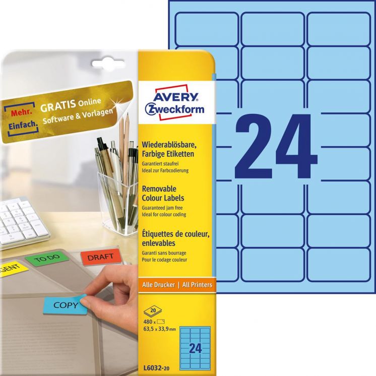 ETYKIETY USUWALNE AVERY ZWECKFORM UNIWERSALNE A4, 20 ARK./OP., 63,5X33,9 MM, NIEBIESKIE