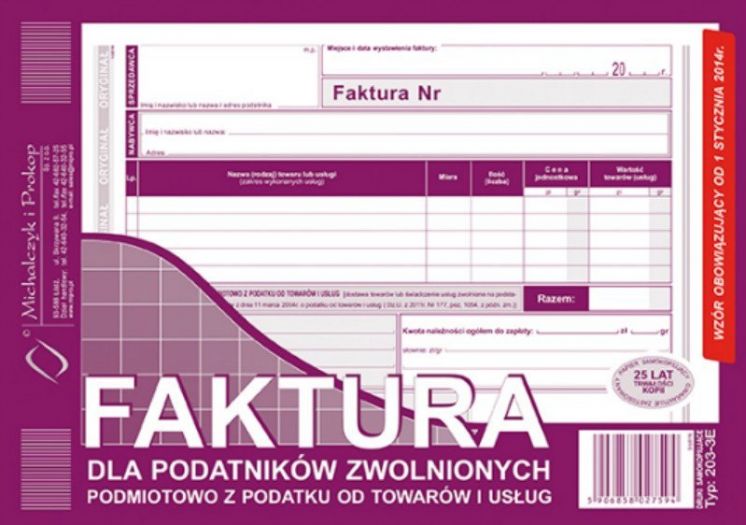 Faktura dla podatników zwolnionych podmiotowo z podatku od towarów i usług, A5, (o+1k)