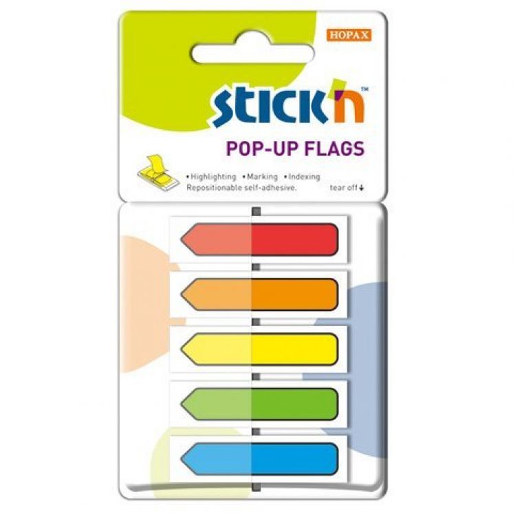 Zakładki indeksujące w podajniku strzałki STICK&quot;N 45X12mm 5x30 sztuk  kolory neonowe