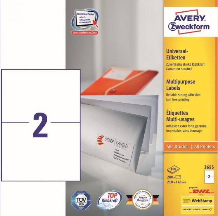 Etykiety Trwałe AVERY ZWECKFORM uniwersalne A4, 100 ark./op., 210x148 mm, białe