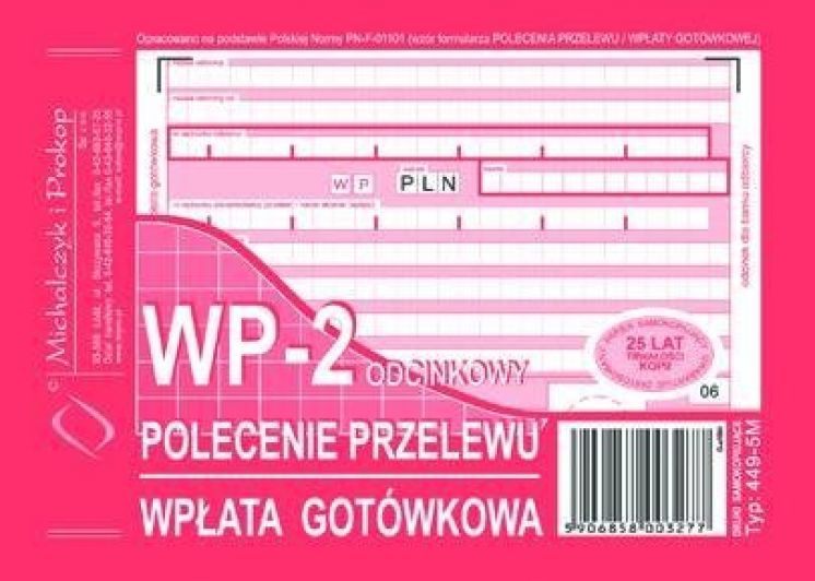 polecenie przelewu-wpłata gotówkowa 2-odcinkowe MICHALCZYK I PROKOP A6 (o+1k)