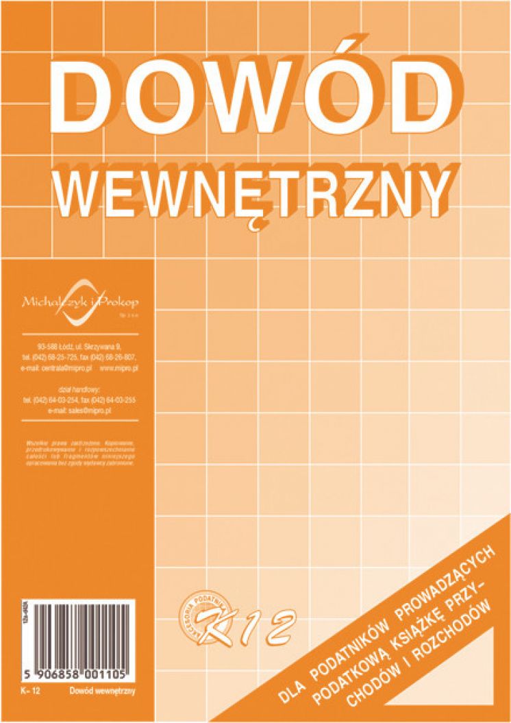 Dowód wewnętrzny dla podatników prowadzących podatkową k.p.i.r. K-12