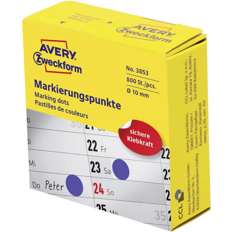 Kółka do zaznaczania w dyspenserze Avery Zweckform, trwałe, 800 szt. / rolka, Ø10 mm, niebisekie
