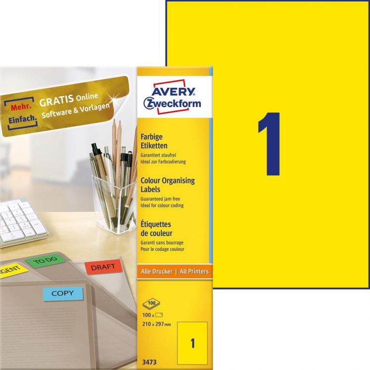 ETYKIETY TRWAŁE AVERY ZWECKFORM UNIWERSALNE A4, 100 ARK./OP., 210X297 MM, ŻÓŁTE