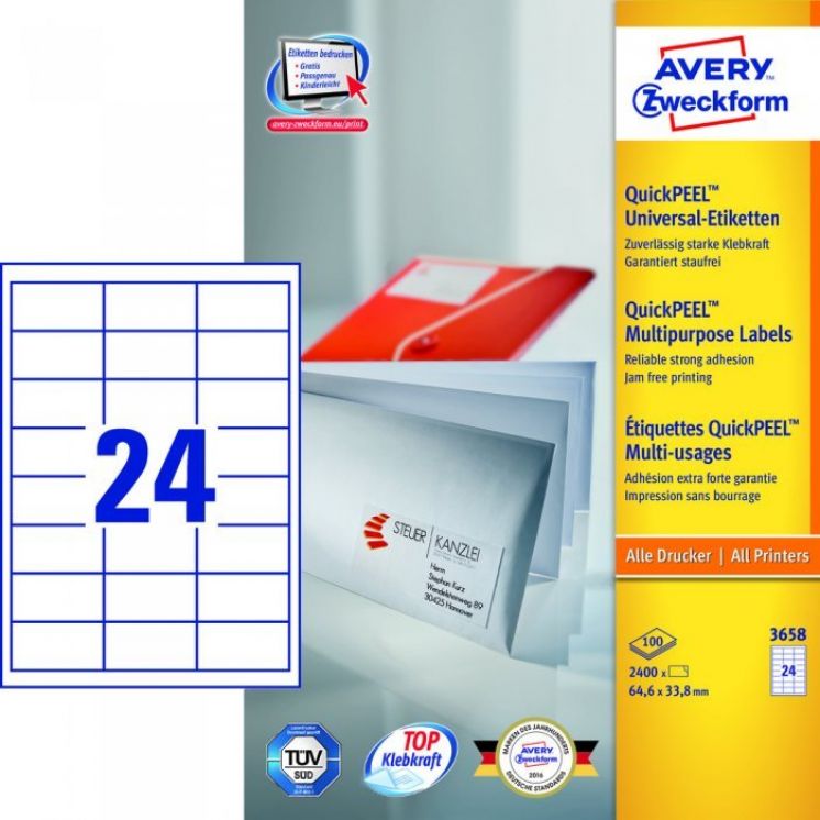Etykiety Trwałe AVERY ZWECKFORM uniwersalne A4, 100 ark./op., 64,6x33,8mm, białe