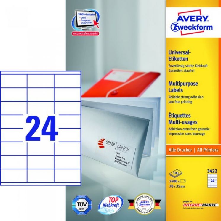 Etykiety Trwałe AVERY ZWECKFORM uniwersalne A4, 100 ark./op., 70x35mm, białe