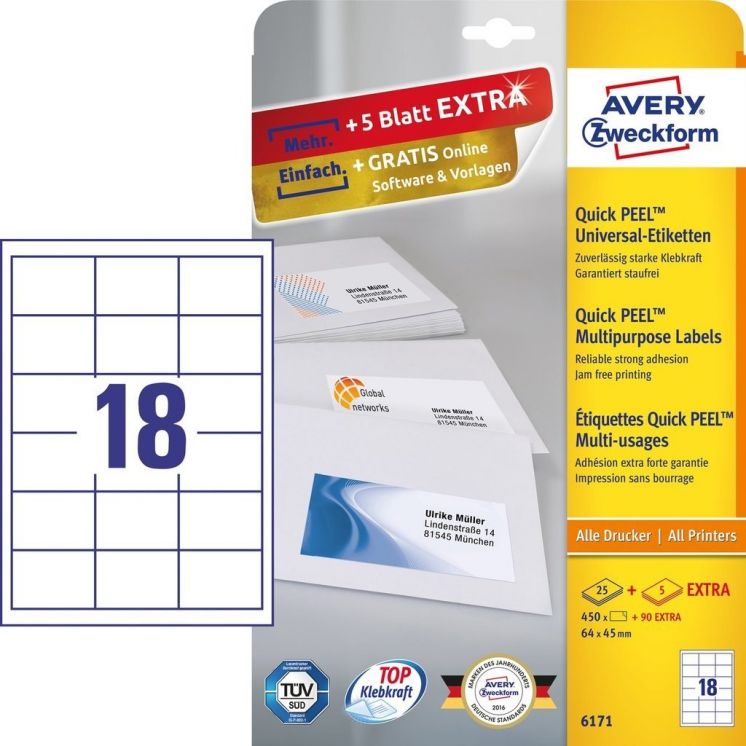 Etykiety uniwersalne A4 25 arkuszy + 5 arkuszy Extra 64 x 45 mm białe Avery Zweckform