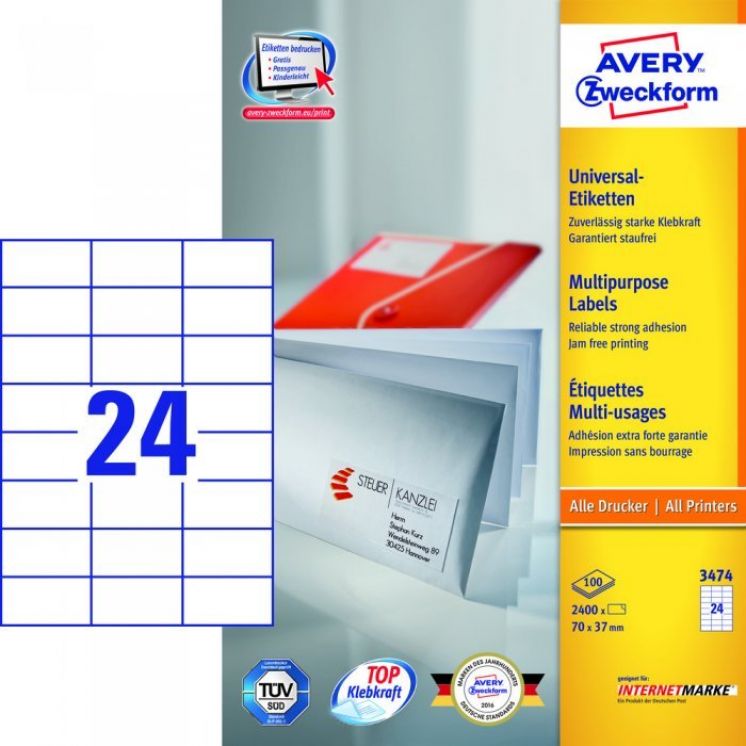 Etykiety Trwałe AVERY ZWECKFORM uniwersalne A4, 100 ark./op., 70x37mm, białe