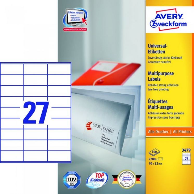 Etykiety Trwałe AVERY ZWECKFORM uniwersalne A4, 100 ark./op., 70x32mm, białe