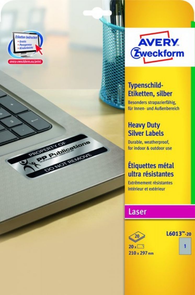 Etykiety znamionowe avery zweckform A4, 20 ark./op., 210x297mm, srebrne