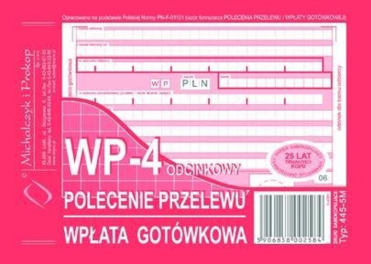 polecenie przelewu-wpłata gotówkowa 4-odcinkowe MICHALCZYK I PROKOP A6 (o+3k)