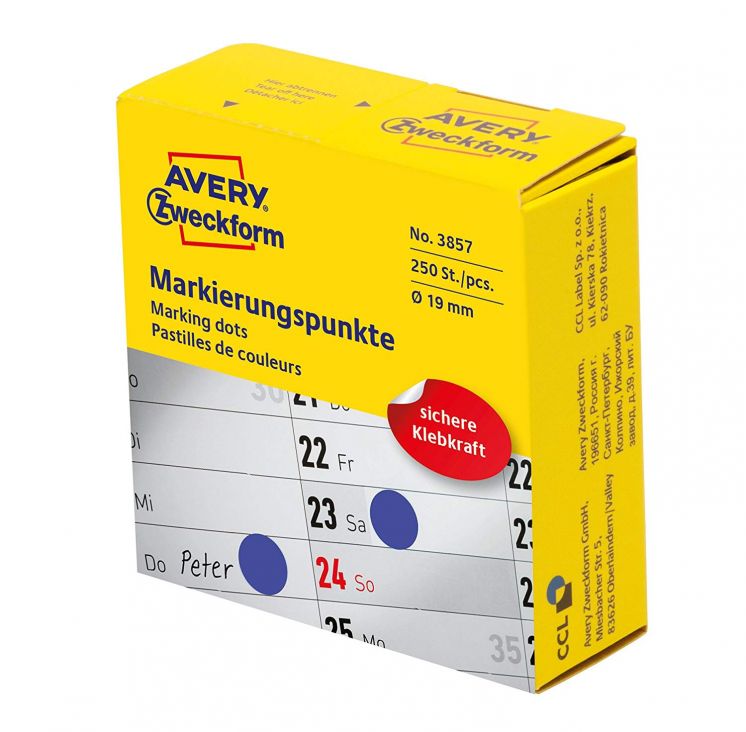 Kółka do zaznaczania w dyspenserze Avery Zweckform, trwałe, 250 szt. / rolka, Ø19 mm, niebieskie