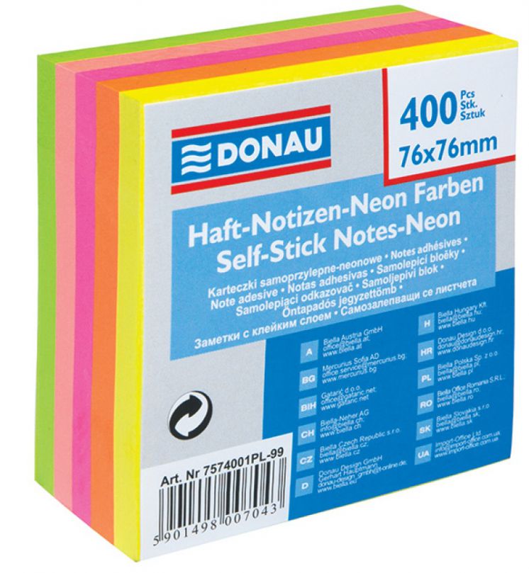 Kostka samoprzylepna DONAU 76x76mm 400 kartek neonowa