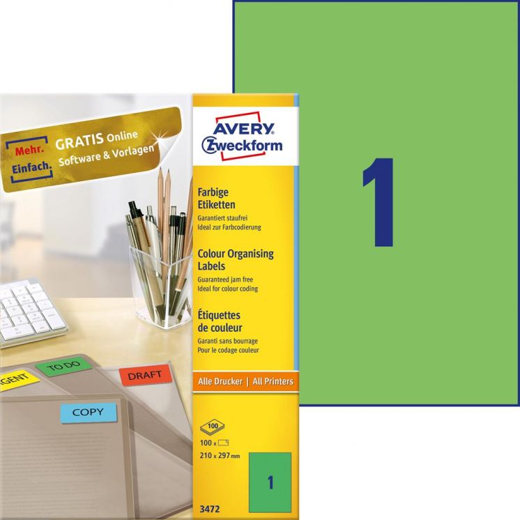 ETYKIETY TRWAŁE AVERY ZWECKFORM UNIWERSALNE A4, 100 ARK./OP., 210X297 MM, ZIELONE