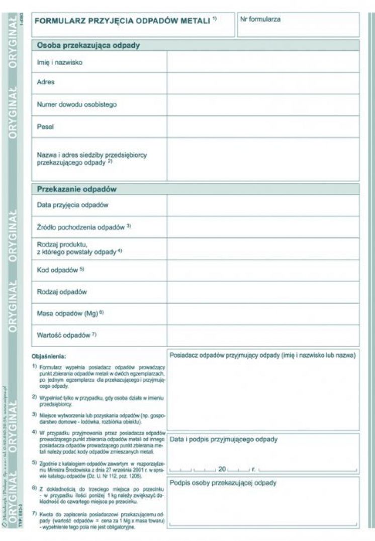 Formularz przyjęcia odpadów metali MICHALCZYK I PROKOP A5 (o+1k)