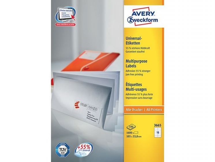 Etykiety trwałe AVERY ZWECKFORM uniwersalne A4, 100 ark./op., 105x33,8 mm, białe