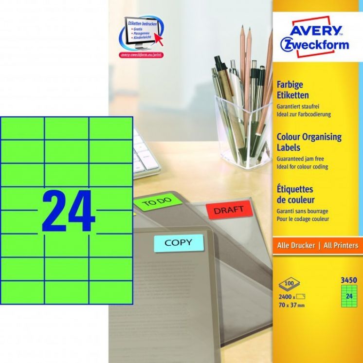 Etykiety Trwałe AVERY ZWECKFORM uniwersalne A4, 100 ark./op., 70x37mm, zielone