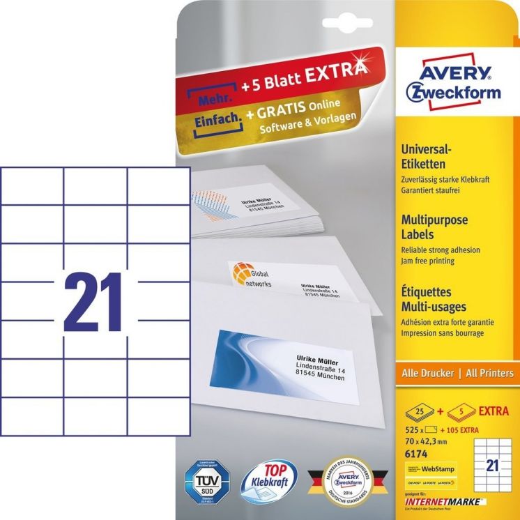 Etykiety uniwersalne A4 25 arkuszy + 5 arkuszy Extra 70 x 423 mm białe Avery Zweckform