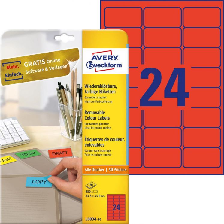 ETYKIETY USUWALNE AVERY ZWECKFORM UNIWERSALNE A4, 20 ARK./OP., 63,5X33,9 MM, CZERWONE