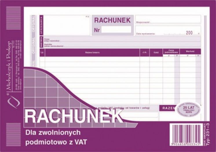 Rachunek dla zwolnionych podmiotowo z VAT (o+1k) 321-3