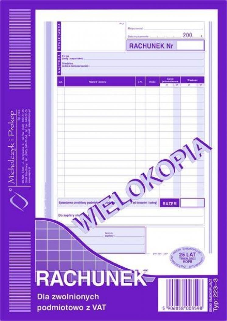 Rachunek dla zwolnionych podmiotowo z vat MICHALCZYK I PROKOP A5 wielokopia
