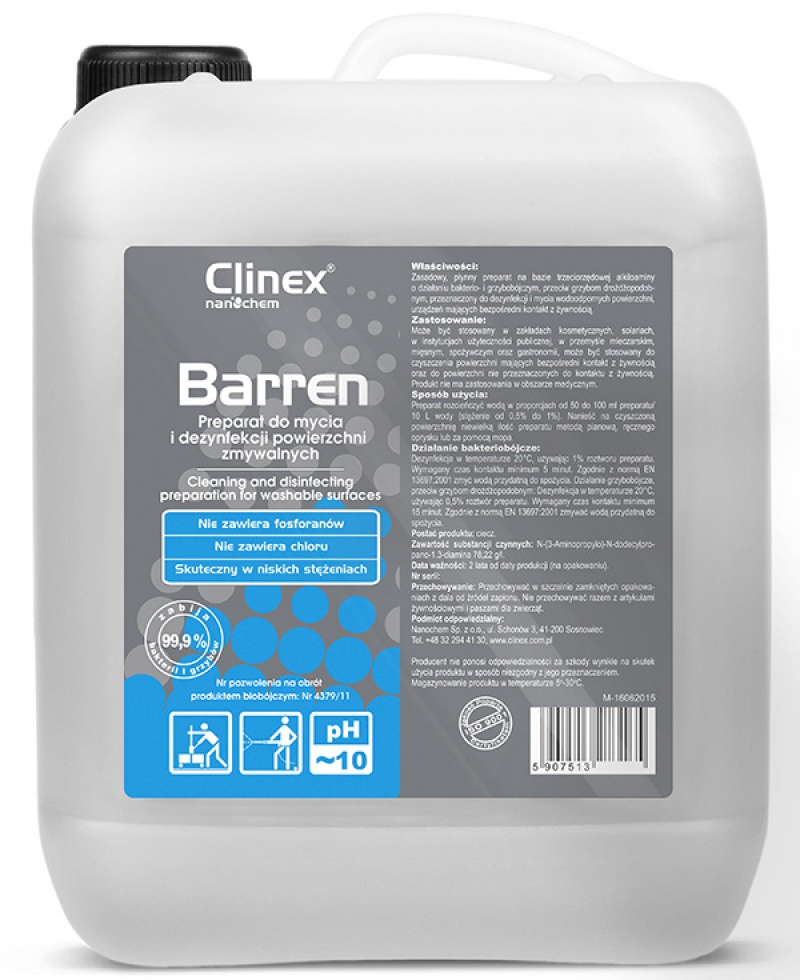 PREPARAT DO MYCIA I DEZYNFEKCJI CLINEX BARREN 10L, DO POWIERZCHNI ZMYWALNYCH