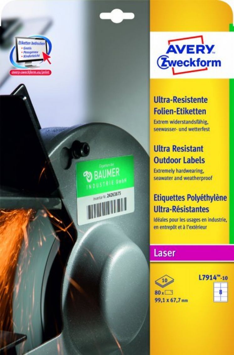 Etykiety polietylenowe Avery Zweckform ultra resistant A4, 10 ark./op., 99,1x67,7mm, białe