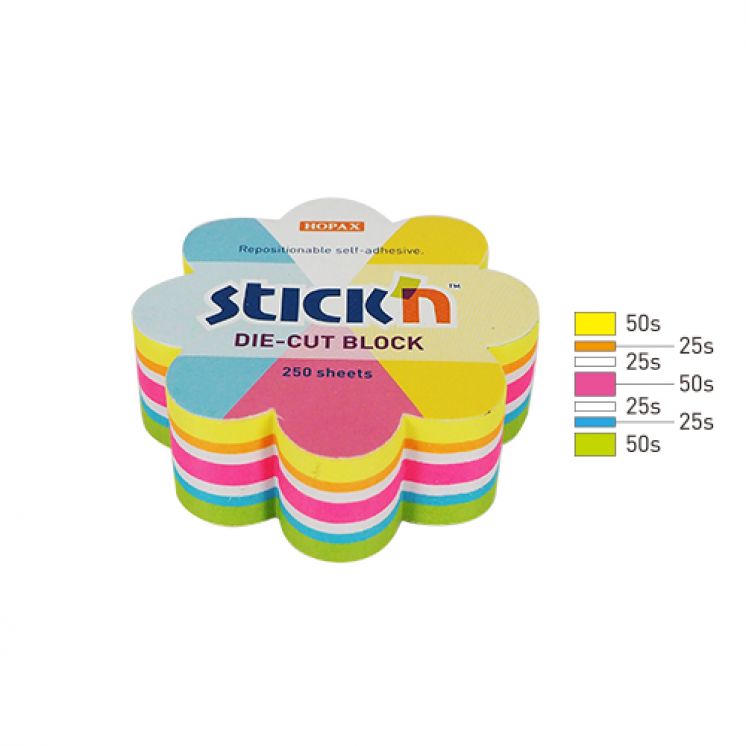 Notes kwiatek, 67x67mm, mix 5 kol. neon+biały, 250kart. Stick&quot;n 21833