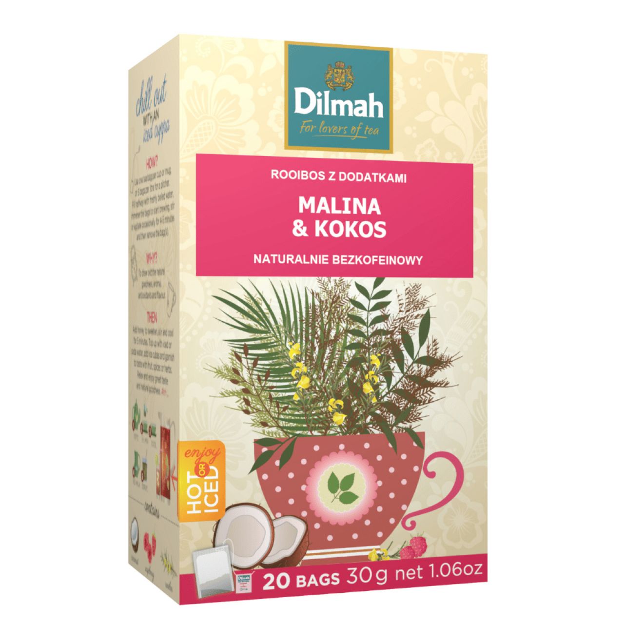 HERBATA DILMAH ROOIBOS Z DODATKIEM MALINY I KOKOSA 20TB