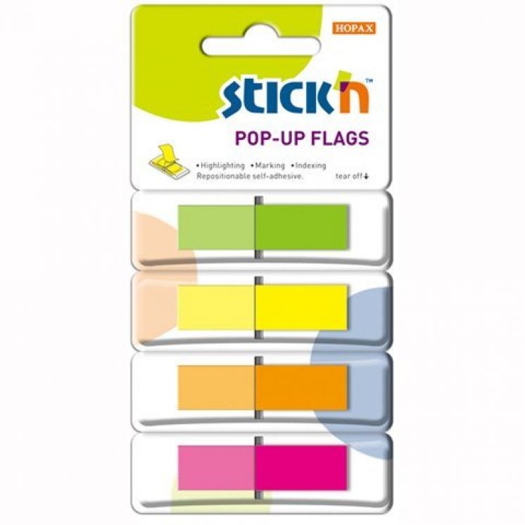 Zakładki indeksujące w podajniku STICK&quot;N 45X12mm 4x40 sztuk kolory neonowe
