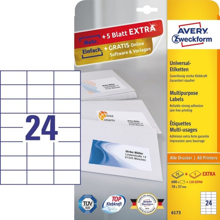 Etykiety uniwersalne A4 25 arkuszy + 5 arkuszy Extra 70 x 37 mm białe Avery Zweckform