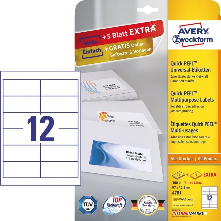Etykiety uniwersalne A4 25 arkuszy + 5 arkuszy Extra 97 x 423 mm białe Avery Zweckform
