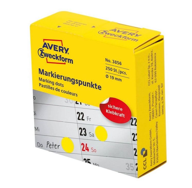 Kółka do zaznaczania w dyspenserze Avery Zweckform, trwałe, 250 szt. / rolka, Ø19 mm, żółte