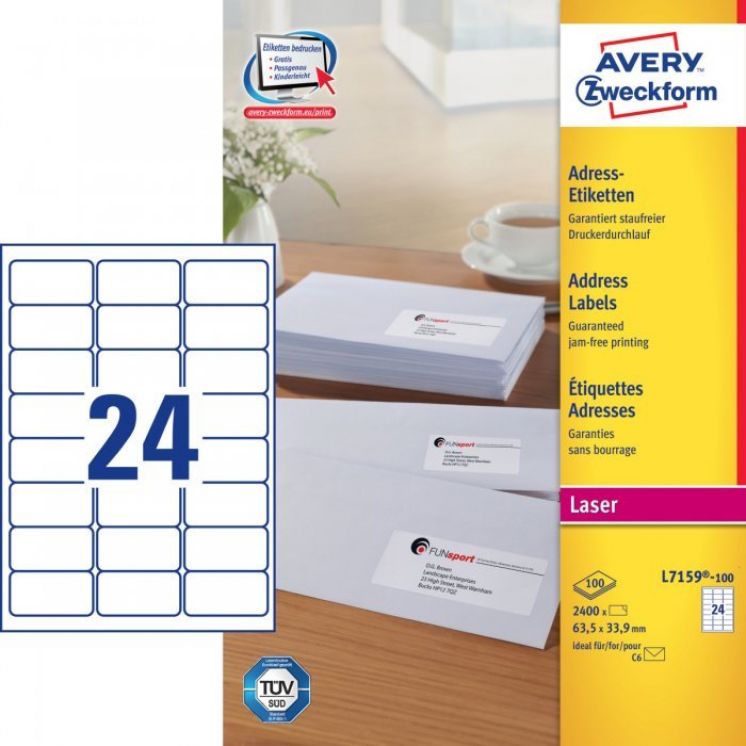 Etykiety adresowe AVERY ZWECKFORM A4, 100 ark./op., 63,5x33,9mm, białe