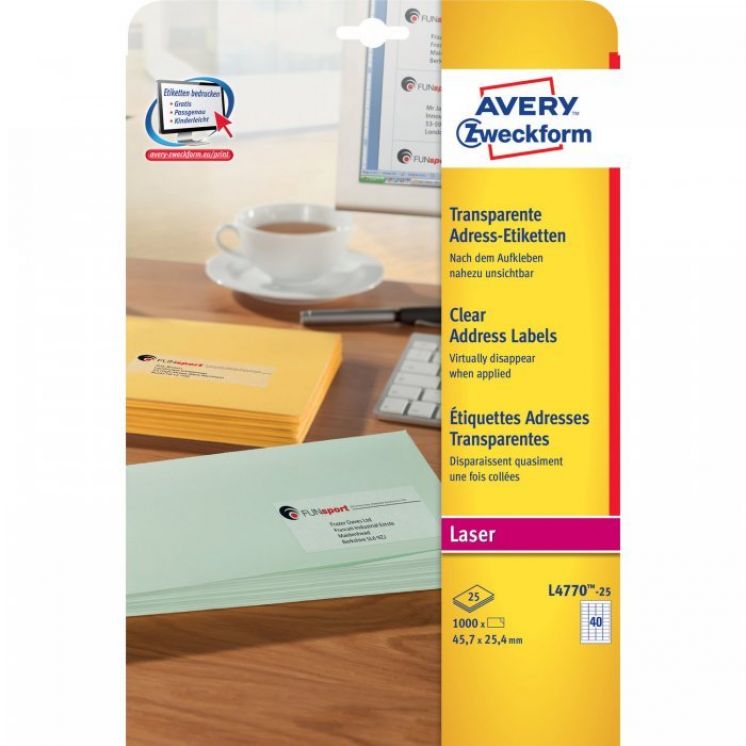 Etykiety adresowe AVERY ZWECKFORM A4, 25 ark./op., 45,7x25,4mm, przezroczyste