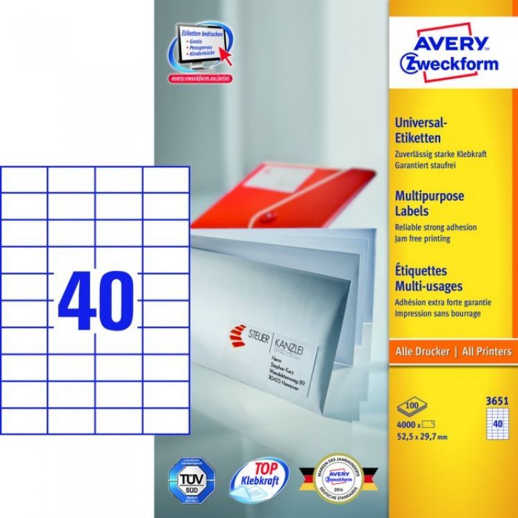 Etykiety Trwałe AVERY ZWECKFORM uniwersalne A4, 100 ark./op., 52,5 x 29,7 mm, białe