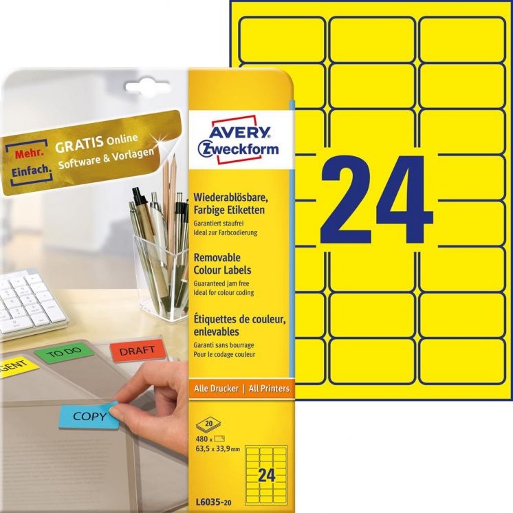 ETYKIETY USUWALNE AVERY ZWECKFORM UNIWERSALNE A4, 20 ARK./OP., 63,5X33,9 MM, ŻÓŁTE