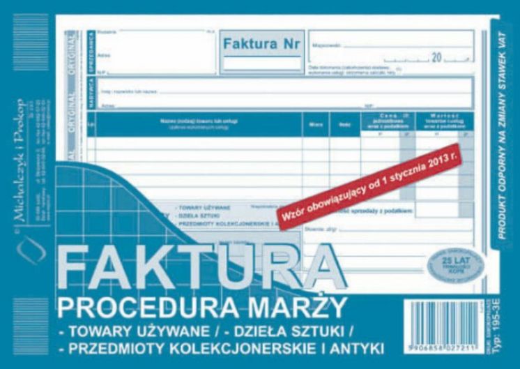 Faktura procedura marży towary używane, dzieła sztuki, przedmioty kolekcjonerskie i antyki, A5, (o+1k)