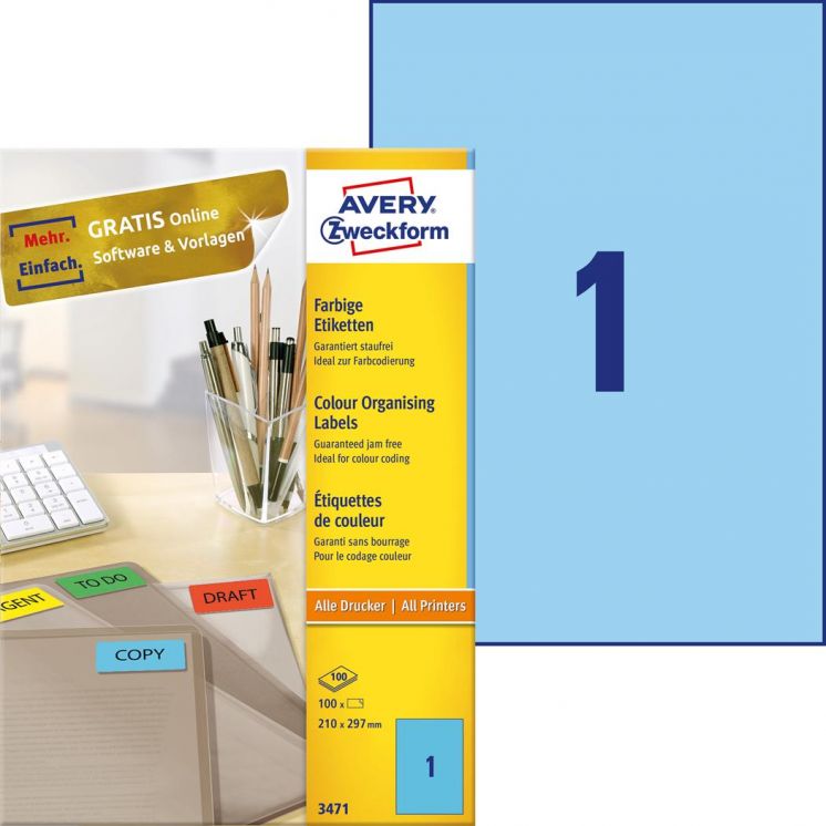 ETYKIETY TRWAŁE AVERY ZWECKFORM UNIWERSALNE A4, 100 ARK./OP., 210X297 MM, NIEBIESKIE