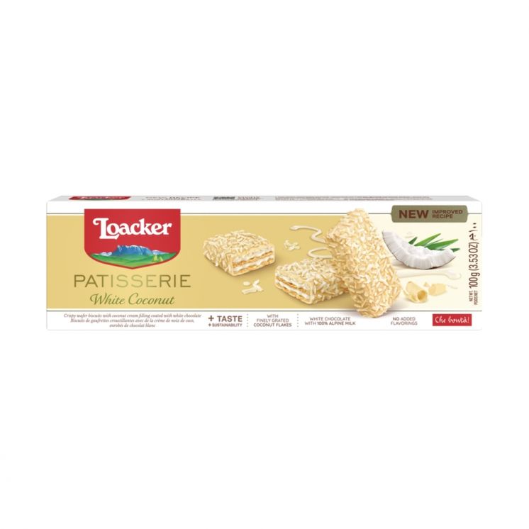 WAFLE Z KREMEM KOKOSOWYM W BIAŁEJ CZEKOLADZIE LOACKER 100 G