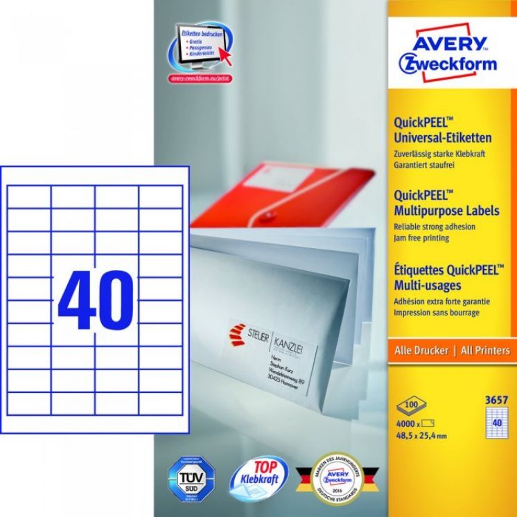 Etykiety Trwałe AVERY ZWECKFORM uniwersalne A4, 100 ark./op., 48,5x25,4 mm, białe
