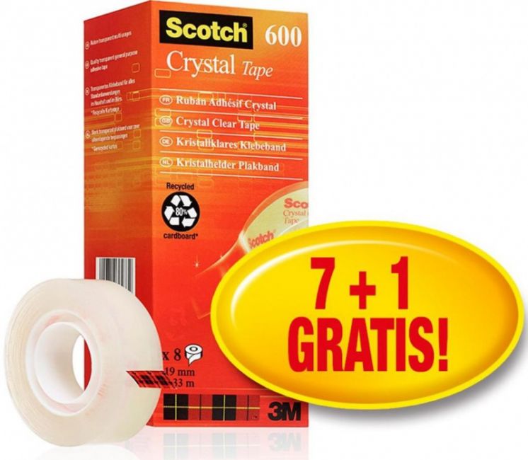 Taśma klejąca Scotch Crystal przezroczysta 7 rolek 19mm x 33m +1 rolka GRATIS