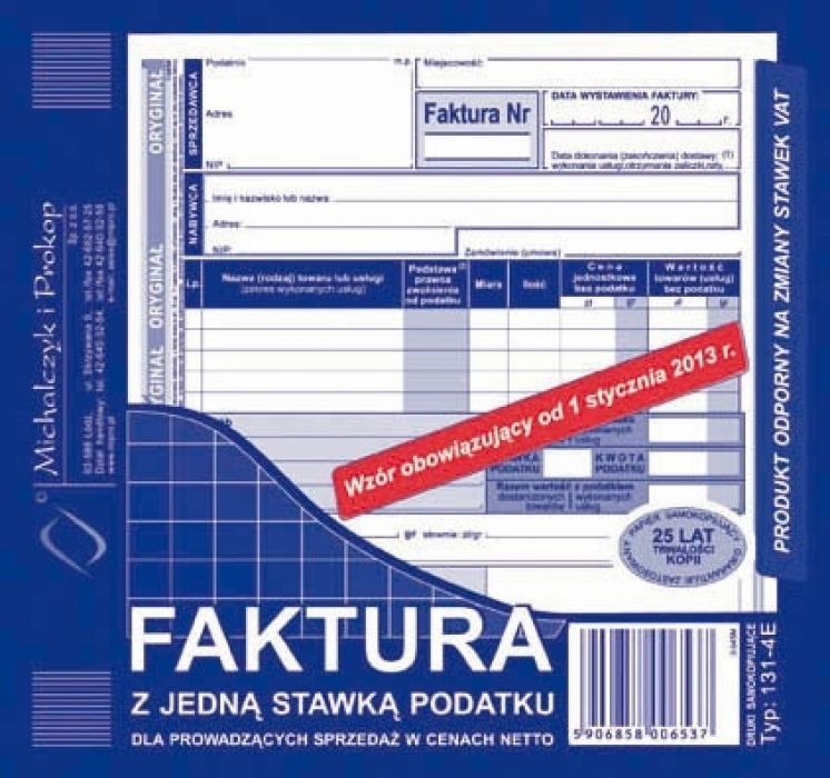 Faktura z jedną stawką podatku dla prowadzących sprzedaż w cenach netto 2/3 A5 (o+1k) Michalczyk i Prokop