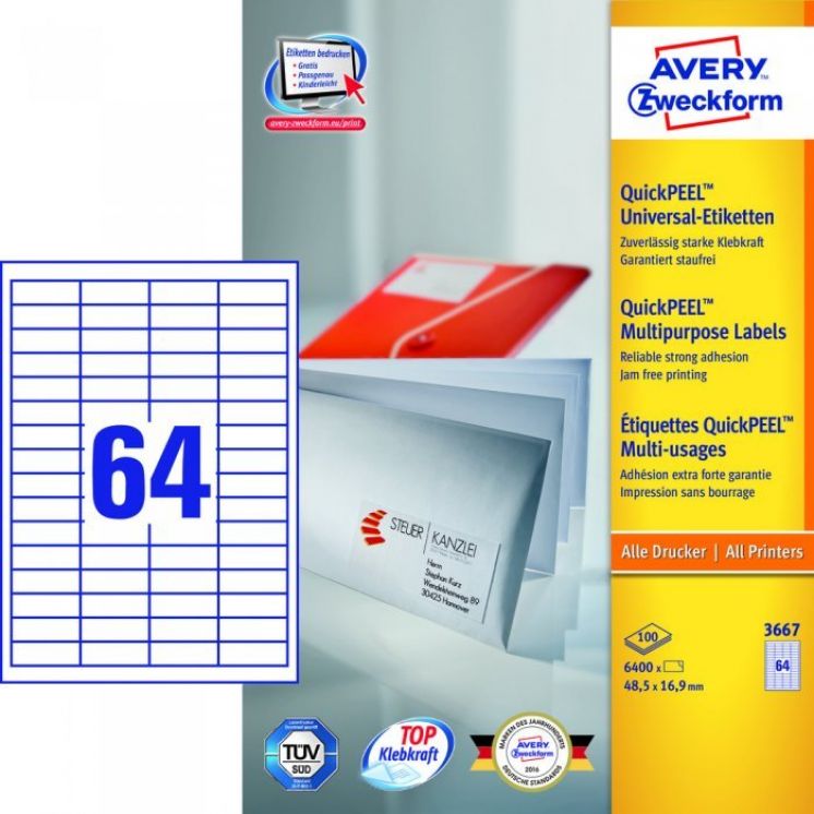 Etykiety Trwałe AVERY ZWECKFORM uniwersalne A4, 100 ark./op., 48,5x16,9 mm, białe