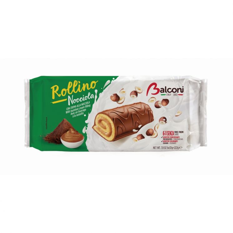 ROLKI BISZKOPTOWE Z KREMEM ORZECHOWYM BALCONI W POLEWIE 222 G